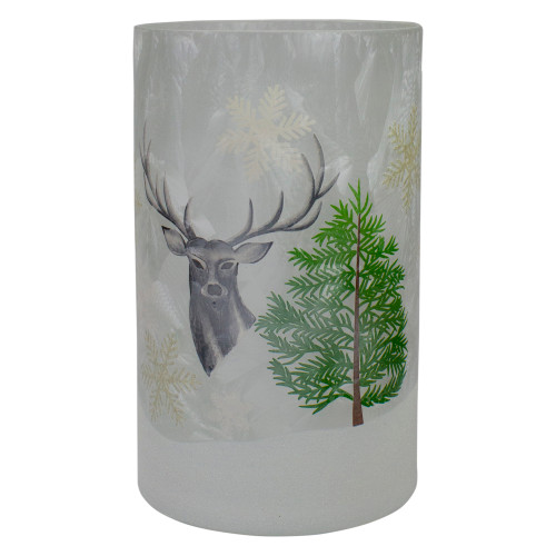 10" Deer, Pine and Snowflakes Hand Painted Flameless Glass Christmas Candle Holder